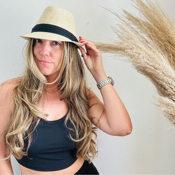 VINTAGE NORDSTROM Cream Tan Straw Wide Visor Brim Black Ribbon Fedora Sun Hat - Picture 5 of 8